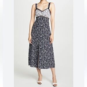 Tanya Taylor 100% Silk Floral Lace Sarita Slip Slit Midi Dress Size 14 plus navy